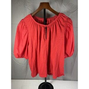 Old Navy Womens Large Red Cotton Slub Puff Sleeve Keyhole Blouse Top